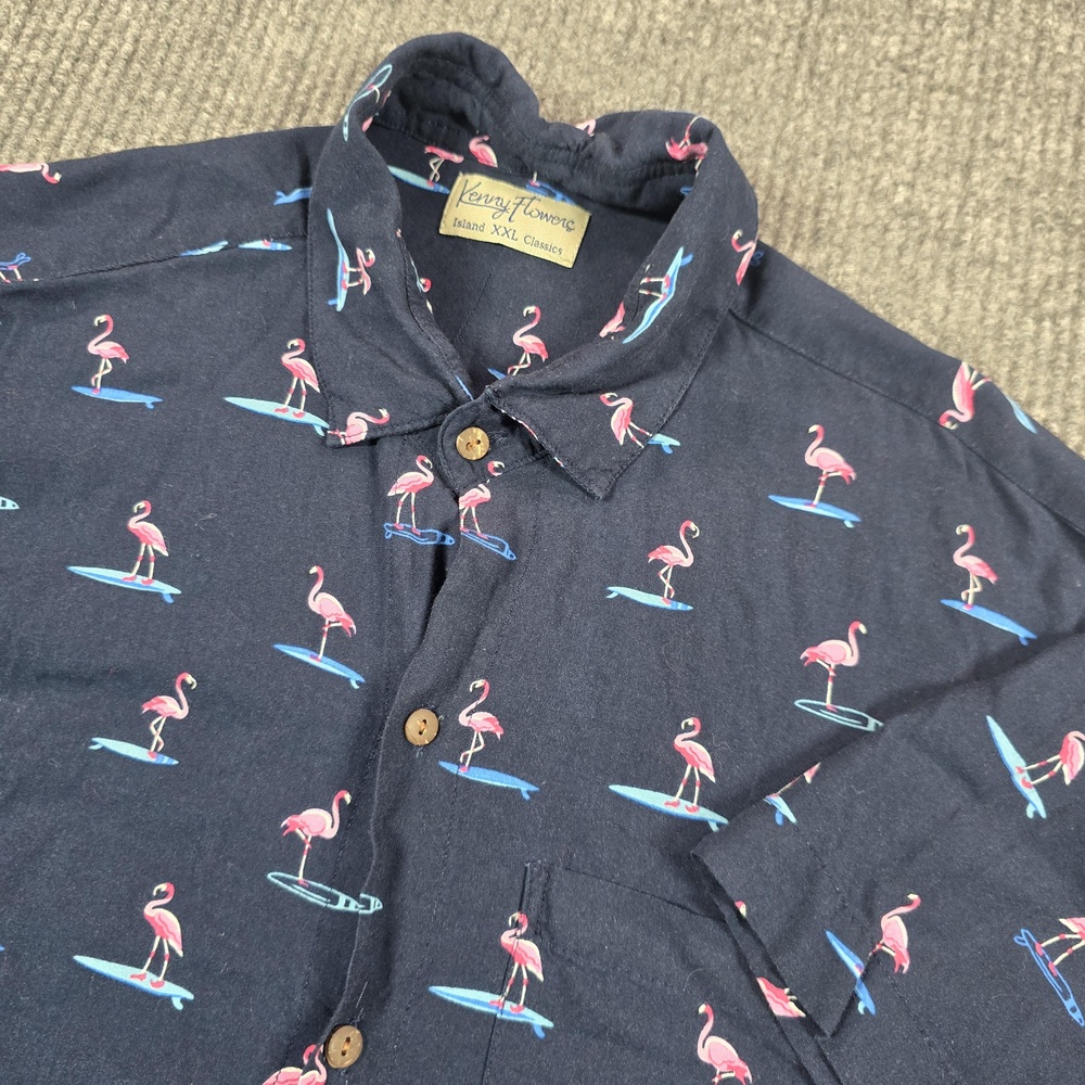 Kenny Flowers Shirt Men 2XL Blue Flamingo Surf Hawaiian Short Sleeve Button-Up